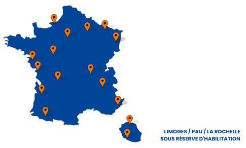 Carte de France présentant les villes du BPJEPS AF