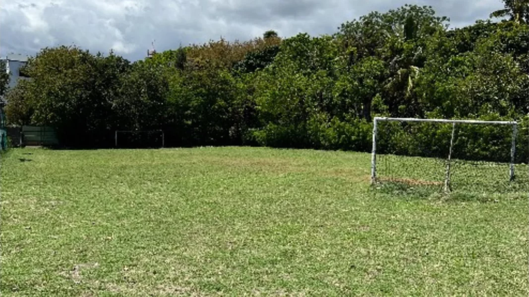 Terrain d’entraînement extérieur du campus IPMS Saint-Denis entouré d’arbres tropicaux.