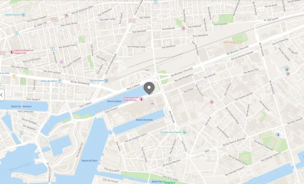 Plan du campus IPMS Le Havre situé près du Bassin Vauban et de la gare, avec repère d’emplacement.