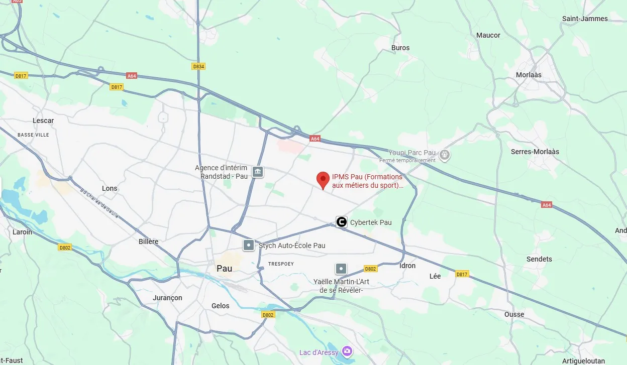 Carte de Pau indiquant l’emplacement du campus IPMS et les accès principaux.