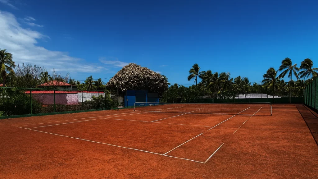 Court de tennis en terre battue entouré de palmiers, site d’entraînement IPMS Saint-Denis.