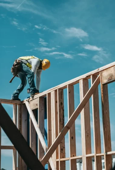 Ouvrier du bâtiment casqué travaillant sur une charpente en bois à l’extérieur sous un ciel bleu.